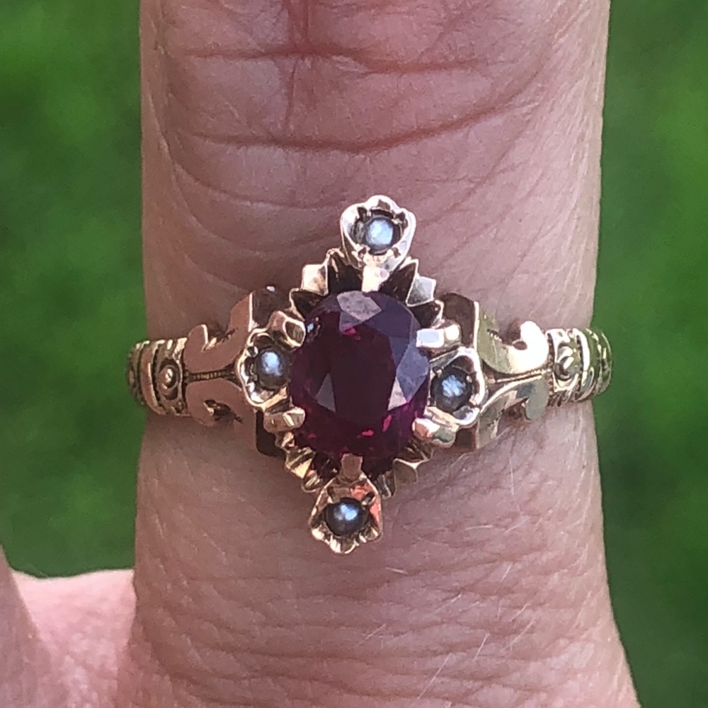Antique Victorian Genuine Ruby Pearl Gold Ring